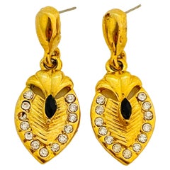 Vintage gold rhinestones dangle designer runway pierced earrings