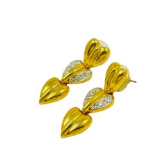 Vintage gold rhinestones dangle hearts designer runway pierced earrings