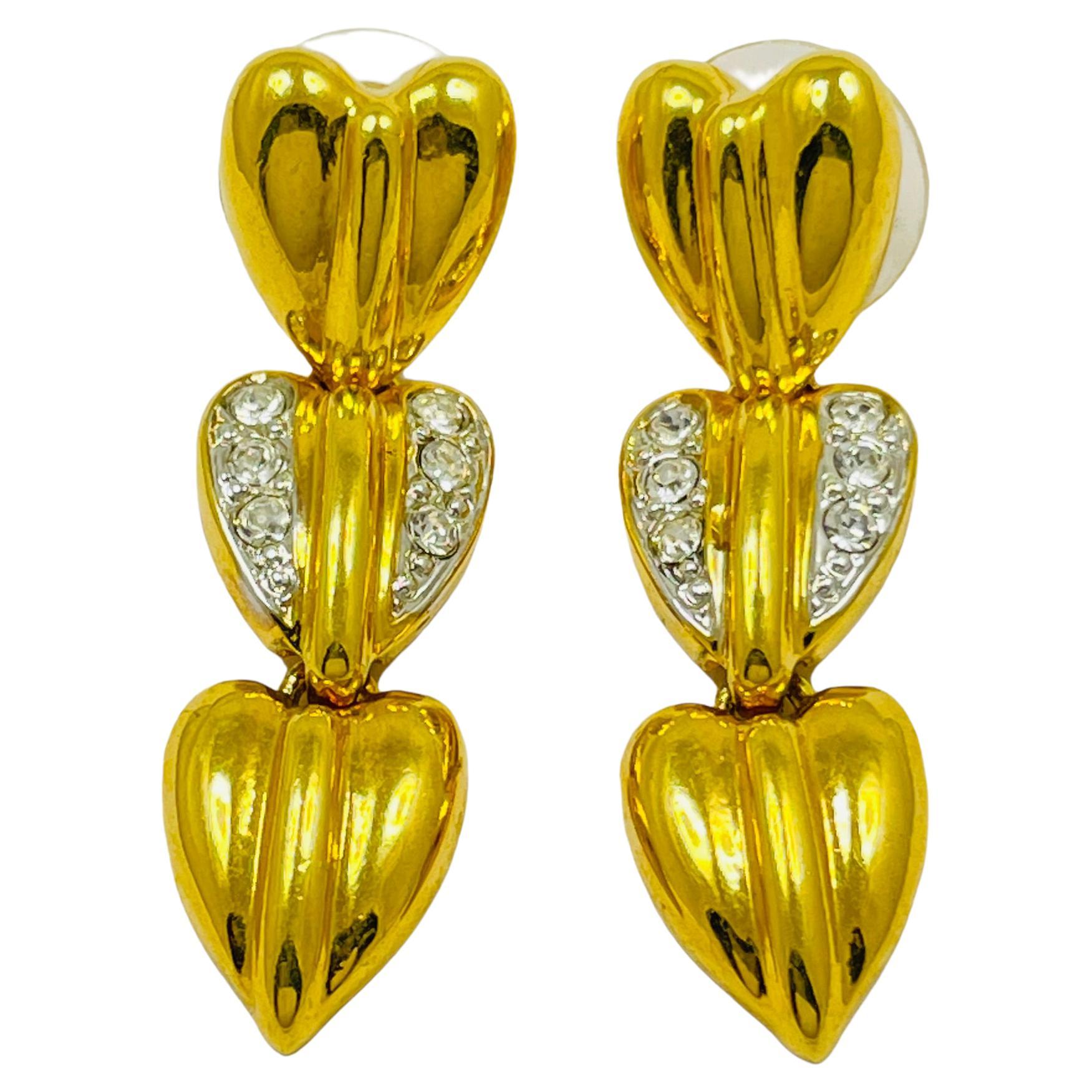 Vintage gold rhinestones dangle hearts designer runway pierced earrings For Sale