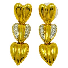 Vintage gold rhinestones dangle hearts designer runway pierced earrings