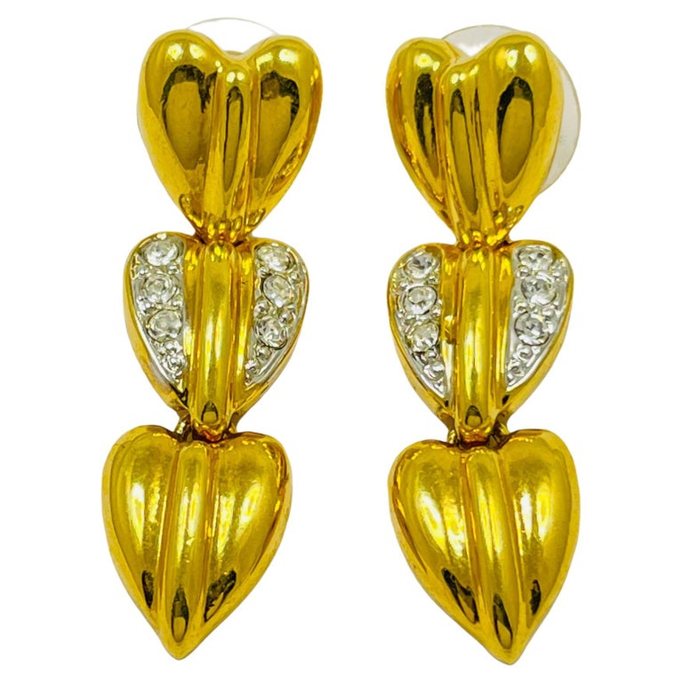 Vintage gold rhinestones dangle hearts designer runway pierced earrings