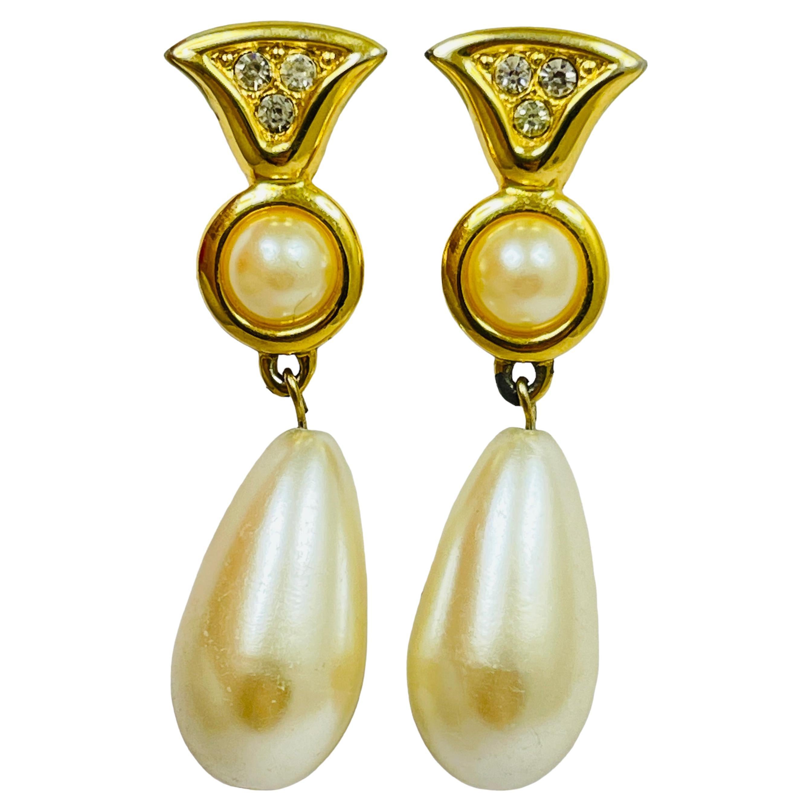 Vintage gold rhinestones dangle pearl designer runway pierced earrings For Sale