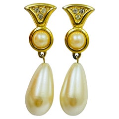 Vintage gold rhinestones dangle pearl designer runway pierced earrings
