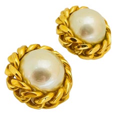 CHRISTIAN DIOR signed vintage gold pearl designer runway clip on earrings