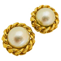 CHRISTIAN DIOR signed vintage gold pearl designer runway clip on earrings