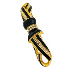 Vintage gold rhinestones enamel bow designer runway brooch