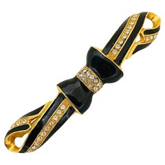 Vintage gold rhinestones enamel bow designer runway brooch