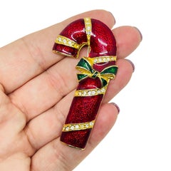 Vintage Gold Strass Emaille Weihnachten Urlaub Zuckerstange Designer Brosche