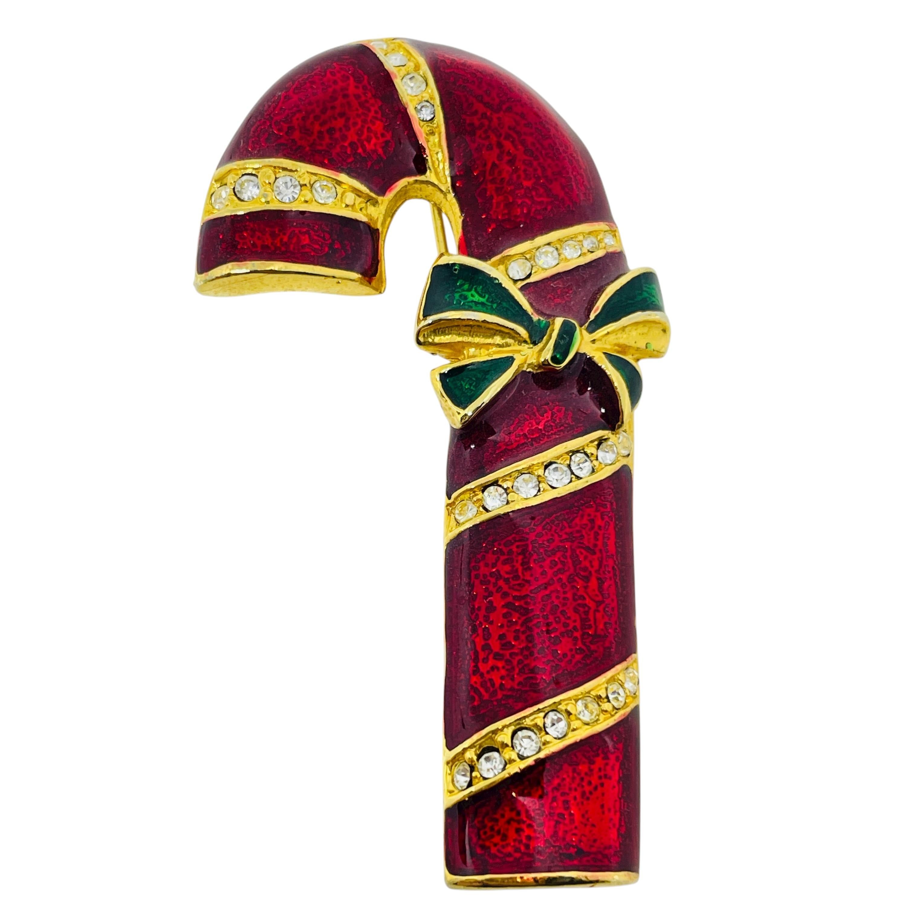 Vintage Gold Strass Emaille Weihnachten Urlaub Zuckerstange Designer Brosche