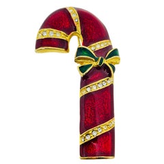 Vintage Gold Strass Emaille Weihnachten Urlaub Zuckerstange Designer Brosche