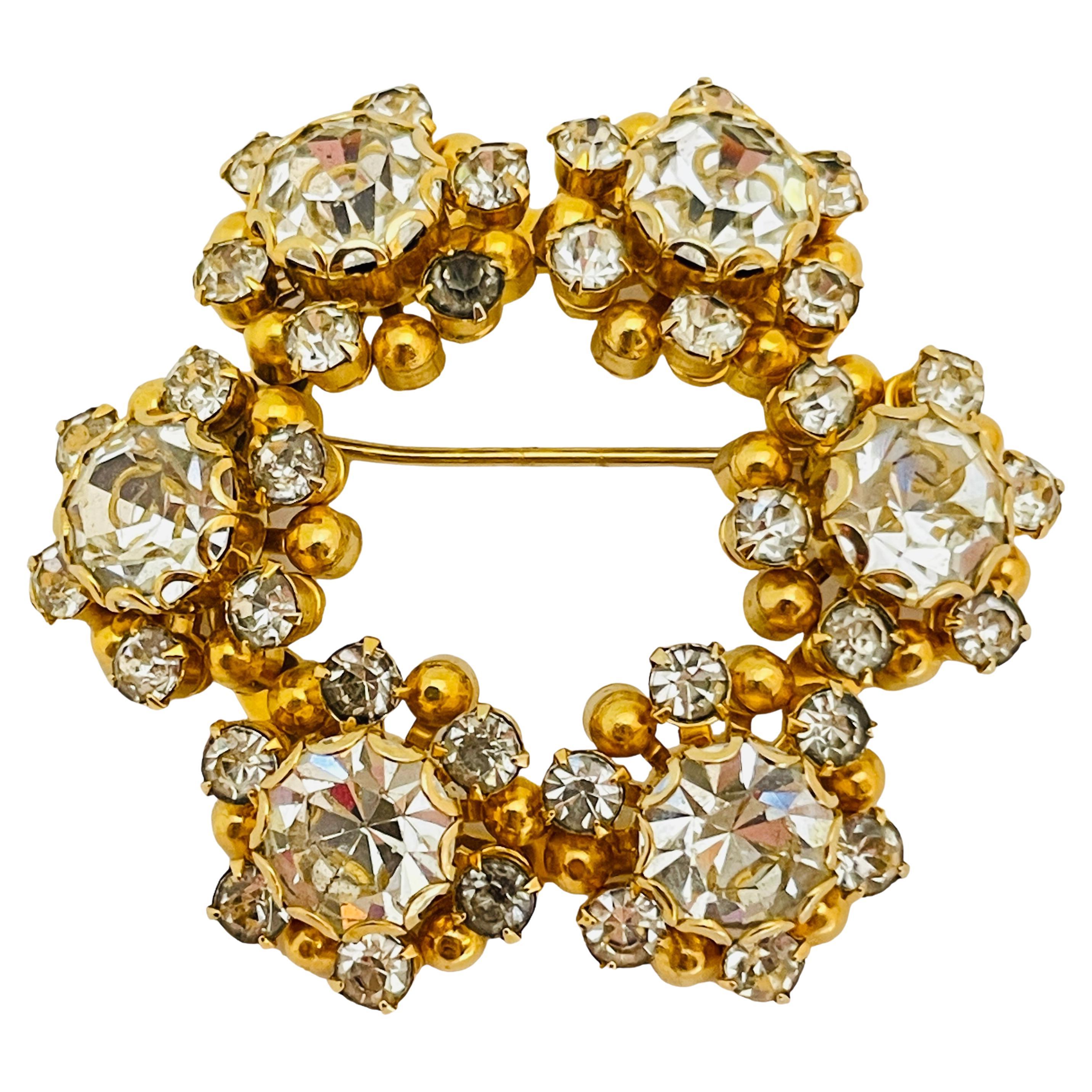 Vintage gold rhinestones flowers designer brooch