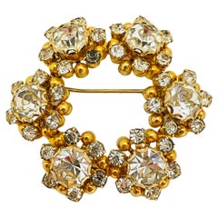 Vintage gold rhinestones flowers designer brooch