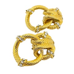 Vintage gold rhinestones massive door knocker designer runway clip on earrings