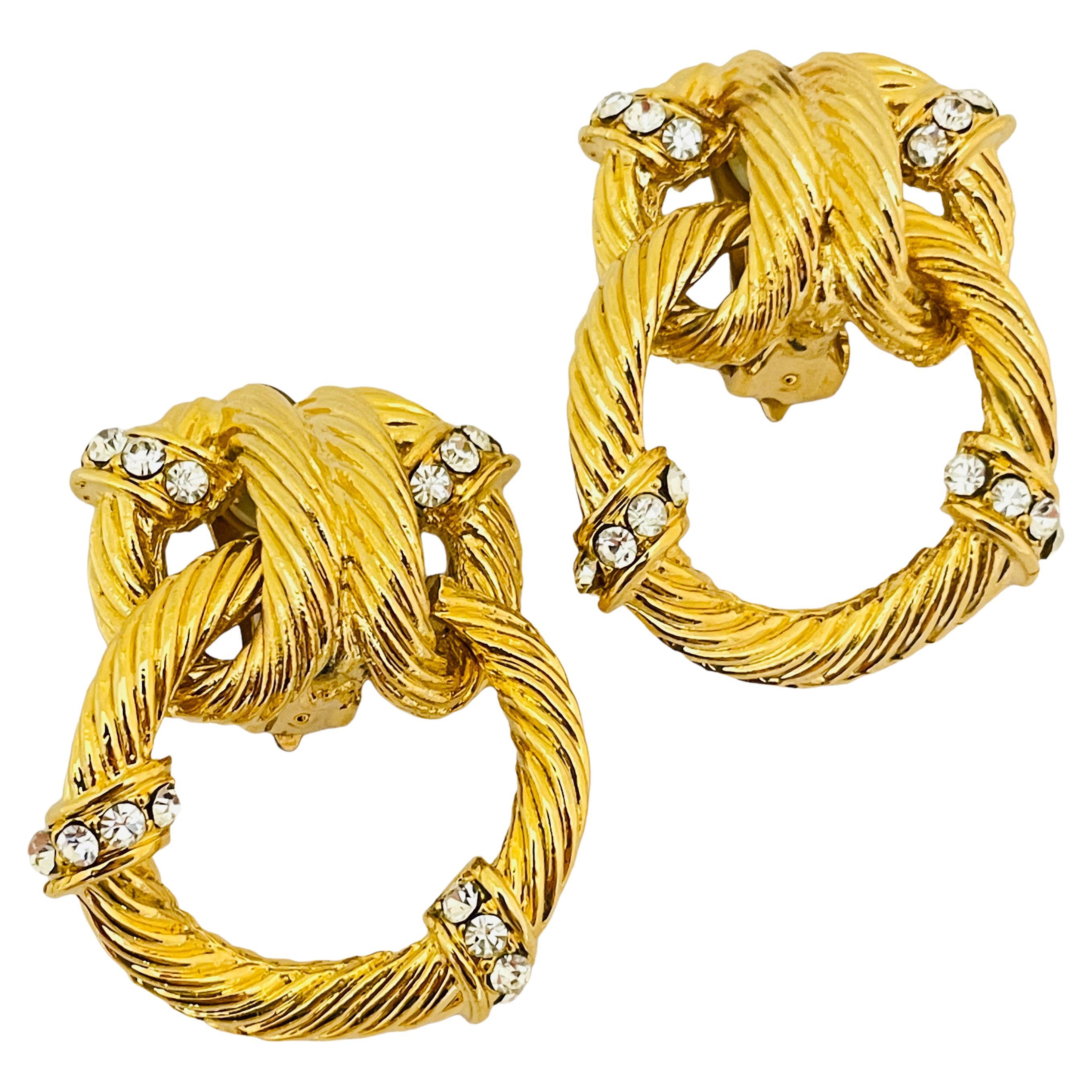Vintage gold rhinestones massive door knocker designer runway clip on earrings For Sale