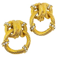 Vintage gold rhinestones massive door knocker designer runway clip on earrings