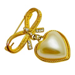 Vintage gold rhinestones pearl dangle heart bow designer brooch