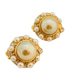 Vintage gold rhinestones pearl designer runway clip on earrings