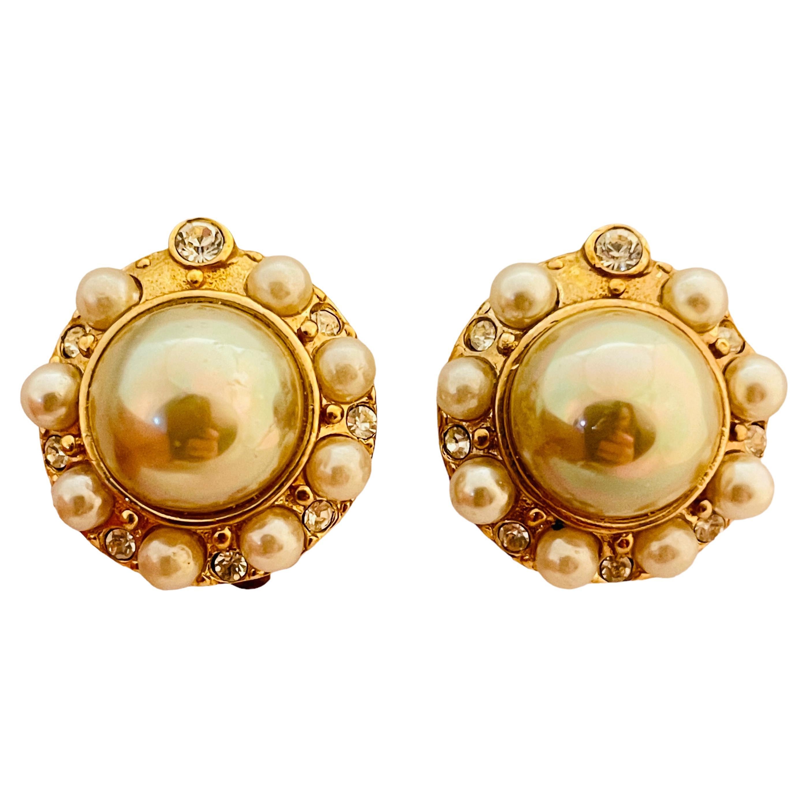 Vintage gold rhinestones pearl designer runway clip on earrings For Sale