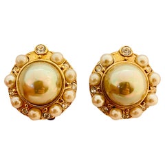Vintage gold rhinestones pearl designer runway clip on earrings
