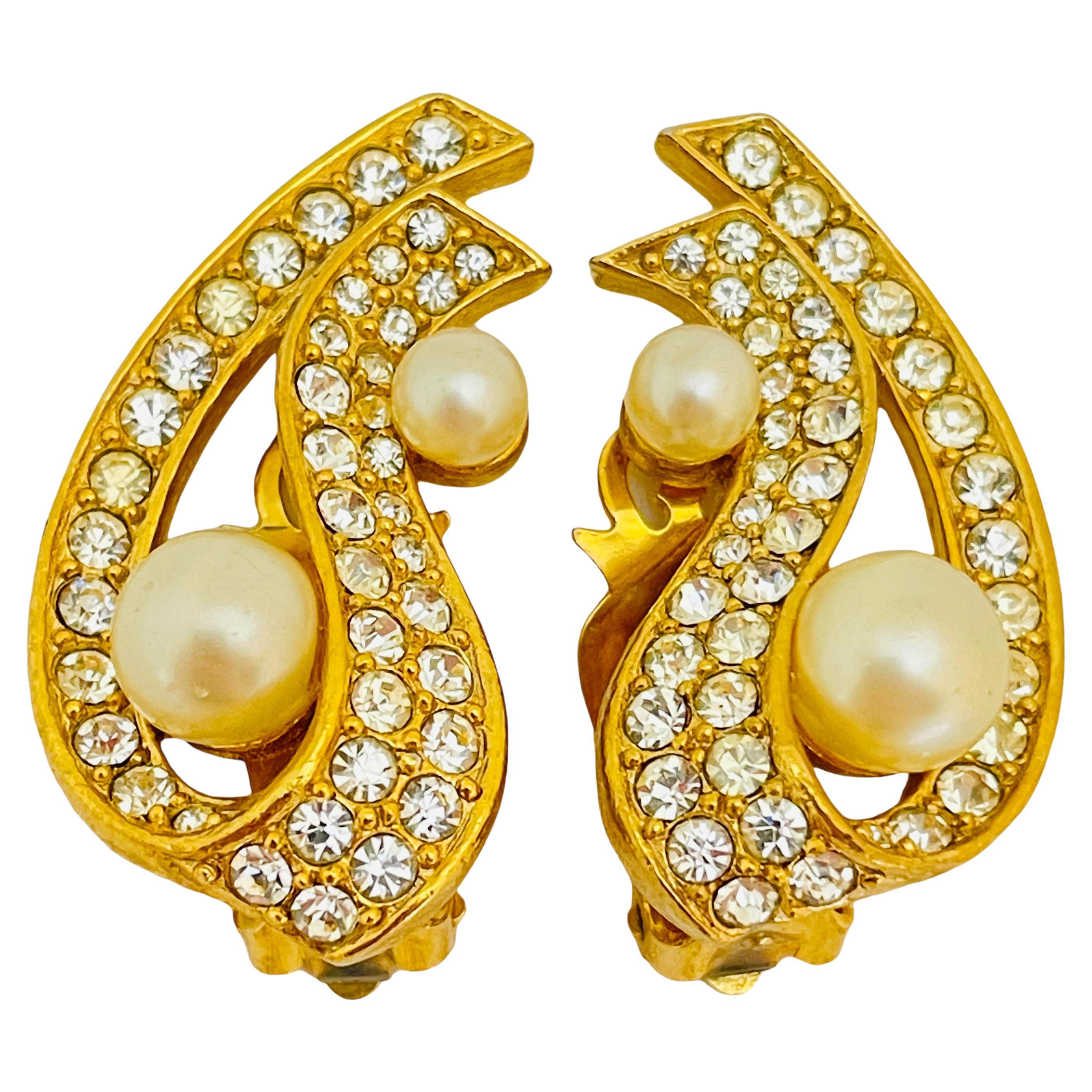 Vintage gold rhinestones pearls designer runway clip on earrings For Sale