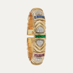 Vintage Gold Rigid Bangle with Sapphires, Emeralds, Rubies and Diamonds