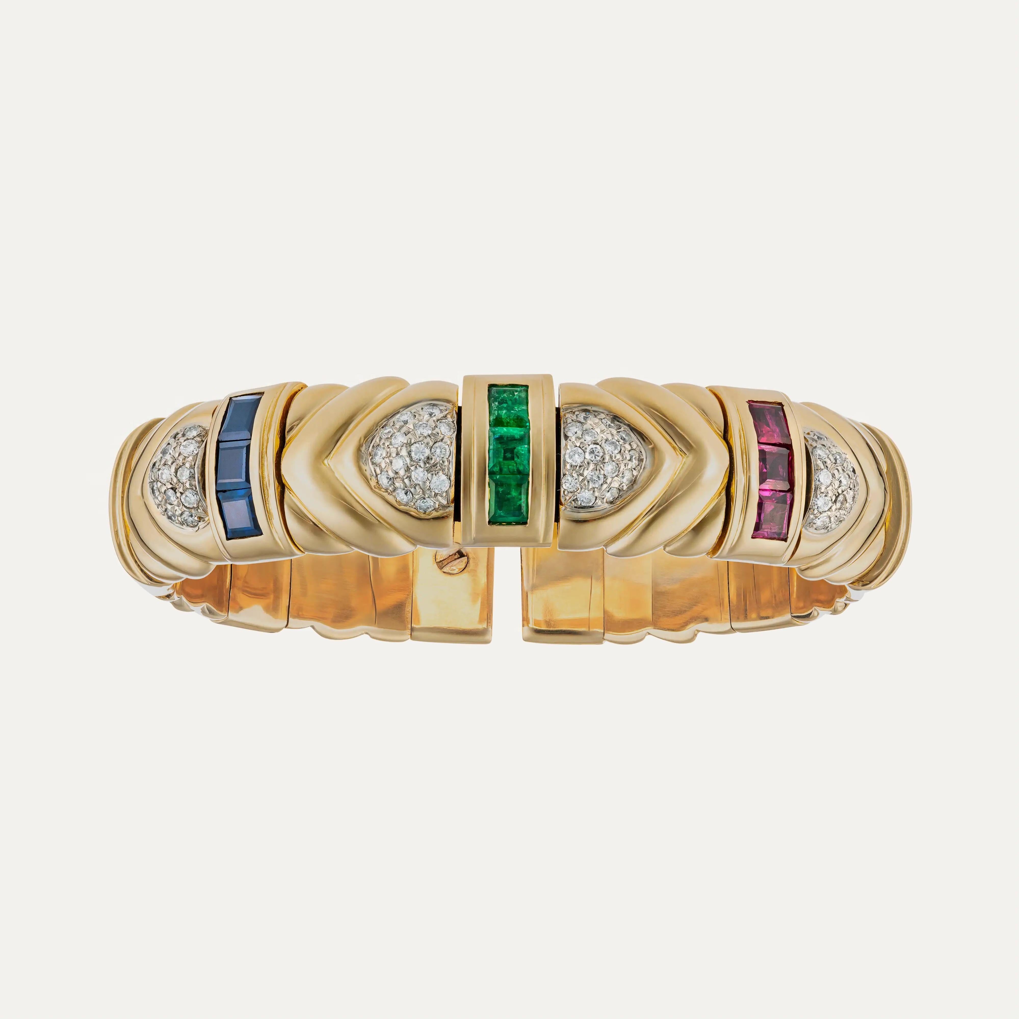 Brilliant Cut Vintage Gold Rigid Bangle with Sapphires, Emeralds, Rubies and Diamonds For Sale