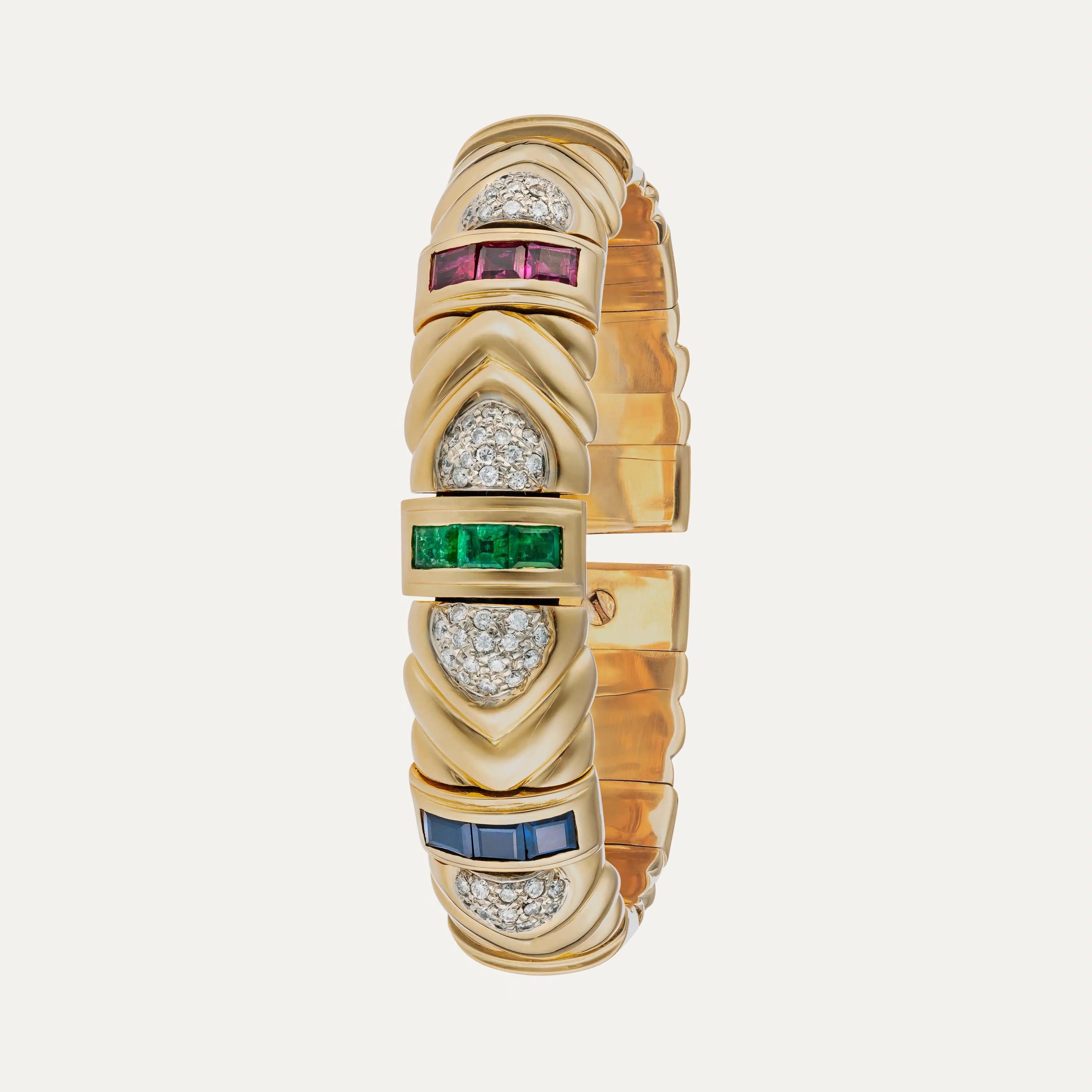 Women's or Men's Vintage Gold Rigid Bangle with Sapphires, Emeralds, Rubies and Diamonds For Sale
