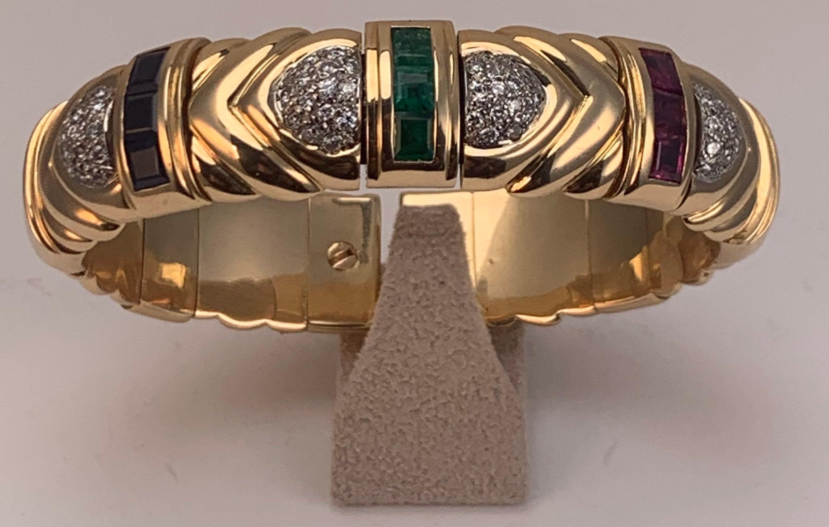 Vintage Gold Rigid Bangle with Sapphires, Emeralds, Rubies and Diamonds For Sale 1
