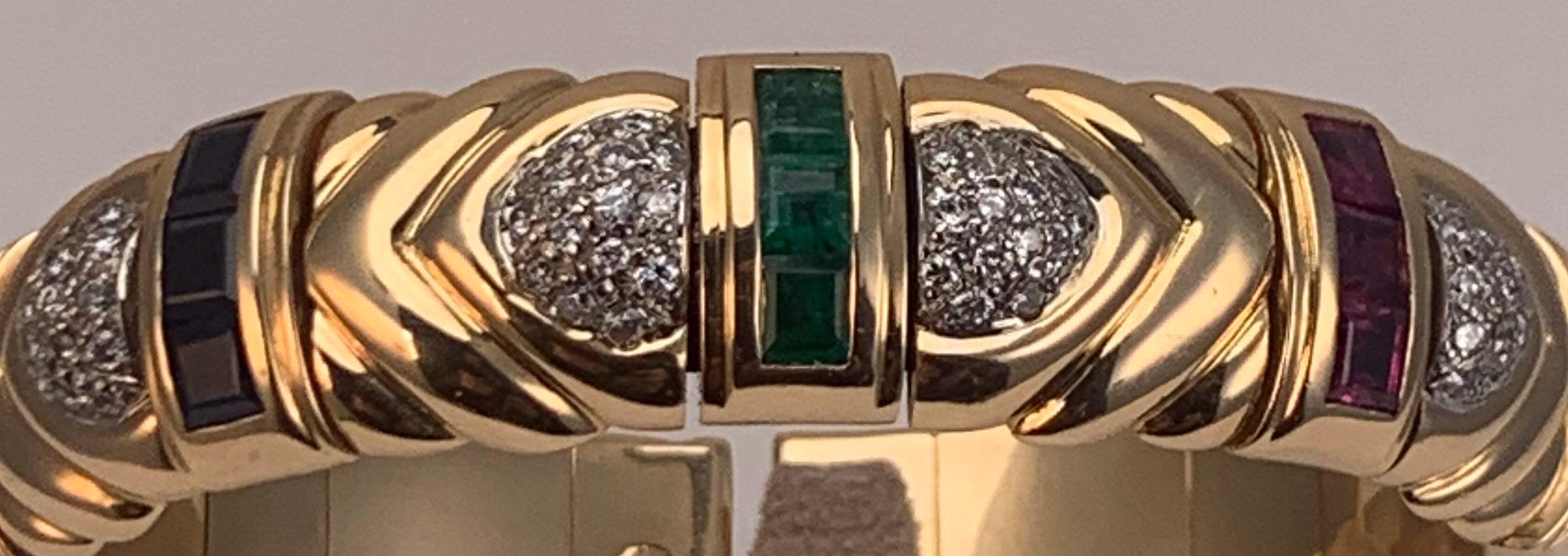 Vintage Gold Rigid Bangle with Sapphires, Emeralds, Rubies and Diamonds For Sale 3