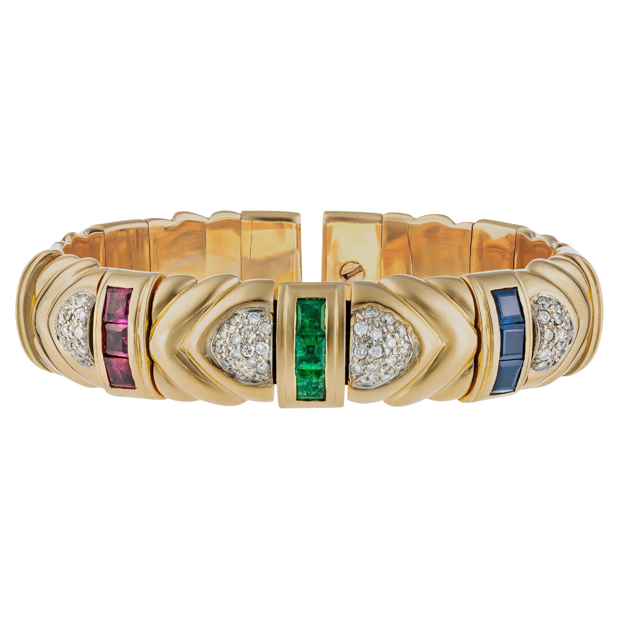 Vintage Gold Rigid Bangle with Sapphires, Emeralds, Rubies and Diamonds For Sale