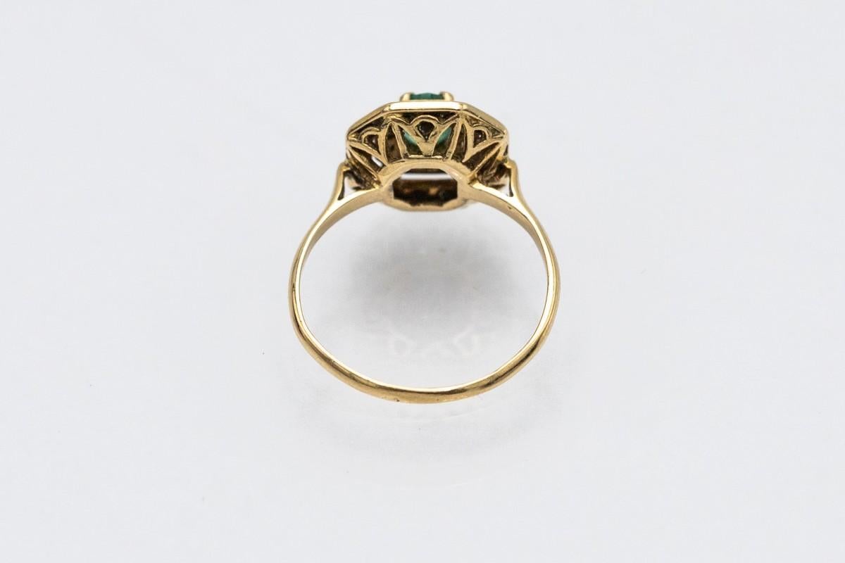 Emerald Cut Vintage gold ring with diamonds and emerald, France, 1960s.  For Sale