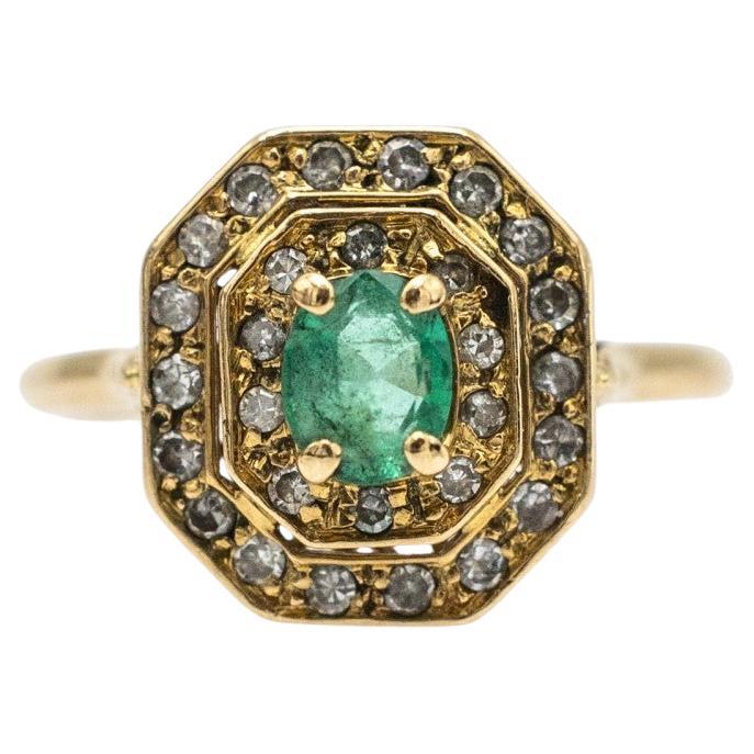 Vintage gold ring with diamonds and emerald, France, 1960s.  For Sale