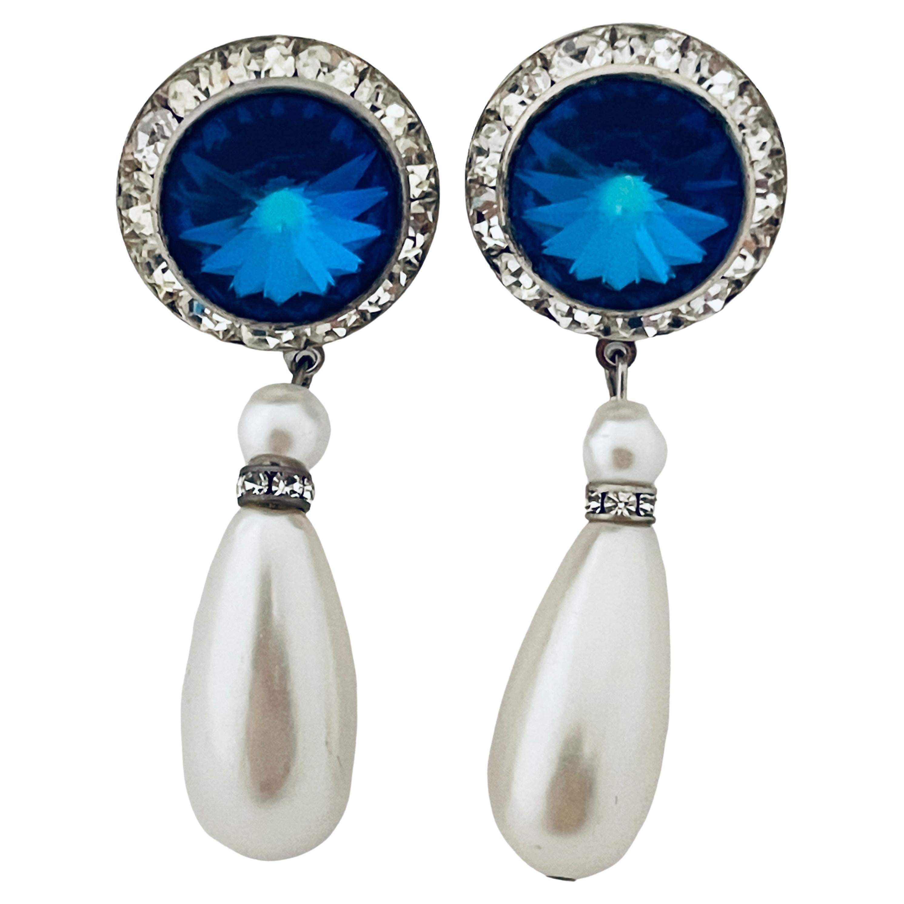 Vintage gold rivioli glass clear rhinestones drop pearl designer earrings For Sale