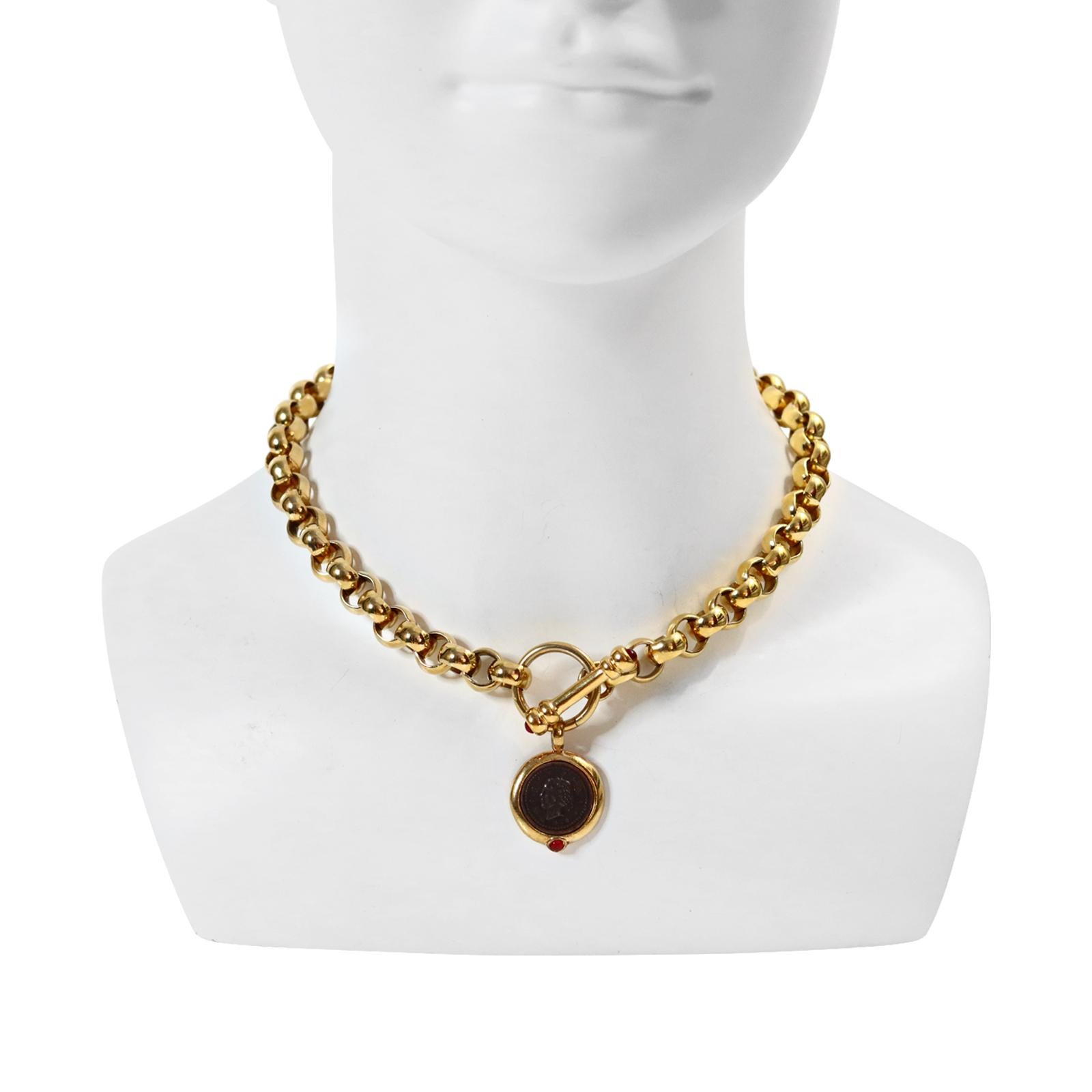 Modern Vintage Gold Rollo Chain with Toggle and Dangling Coin Necklace Circa 1990s For Sale