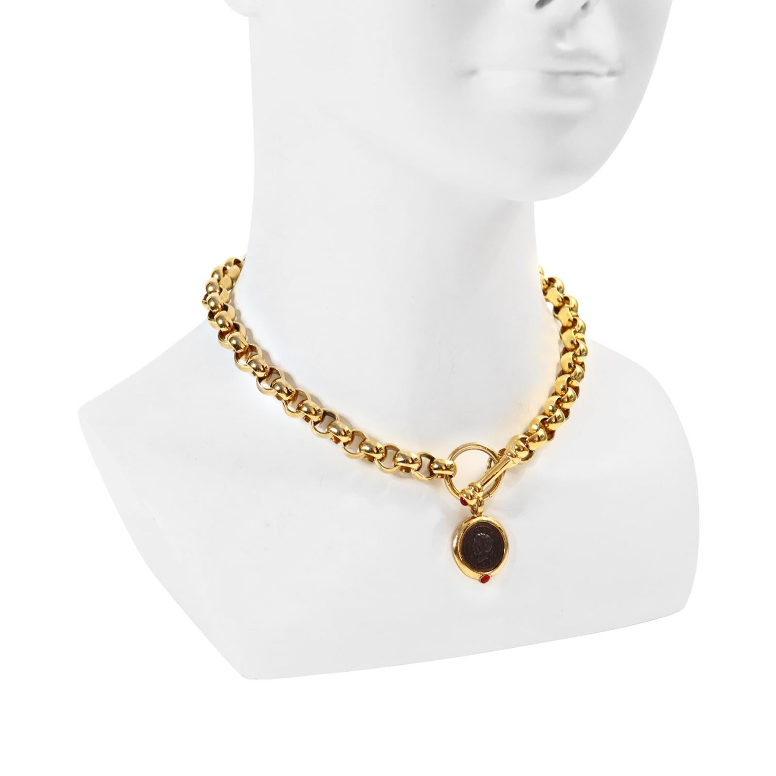 Vintage Gold Rollo Chain with Toggle and Dangling Coin Necklace Circa 1990s In Good Condition For Sale In New York, NY