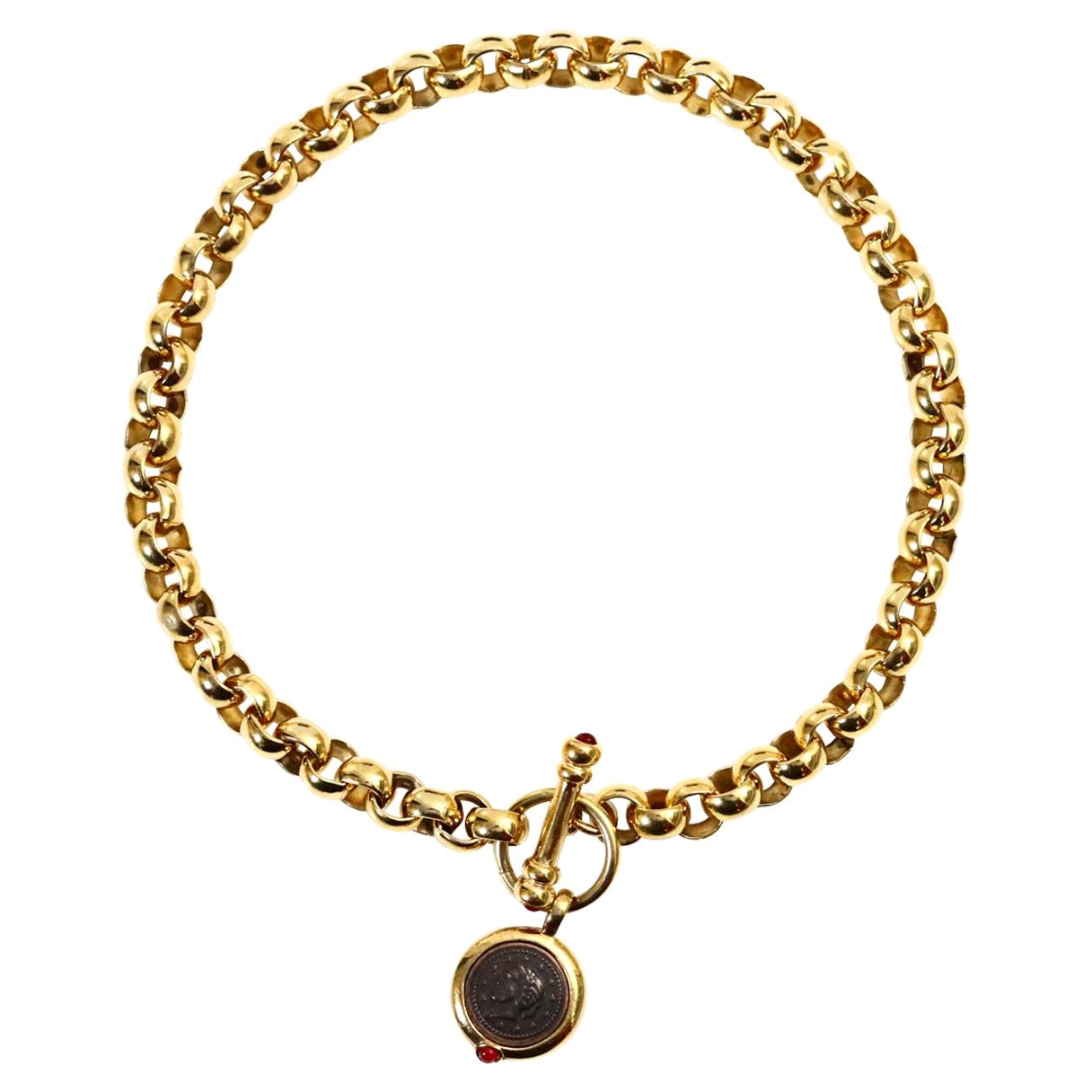 Women's or Men's Vintage Gold Rollo Chain with Toggle and Dangling Coin Necklace Circa 1990s For Sale