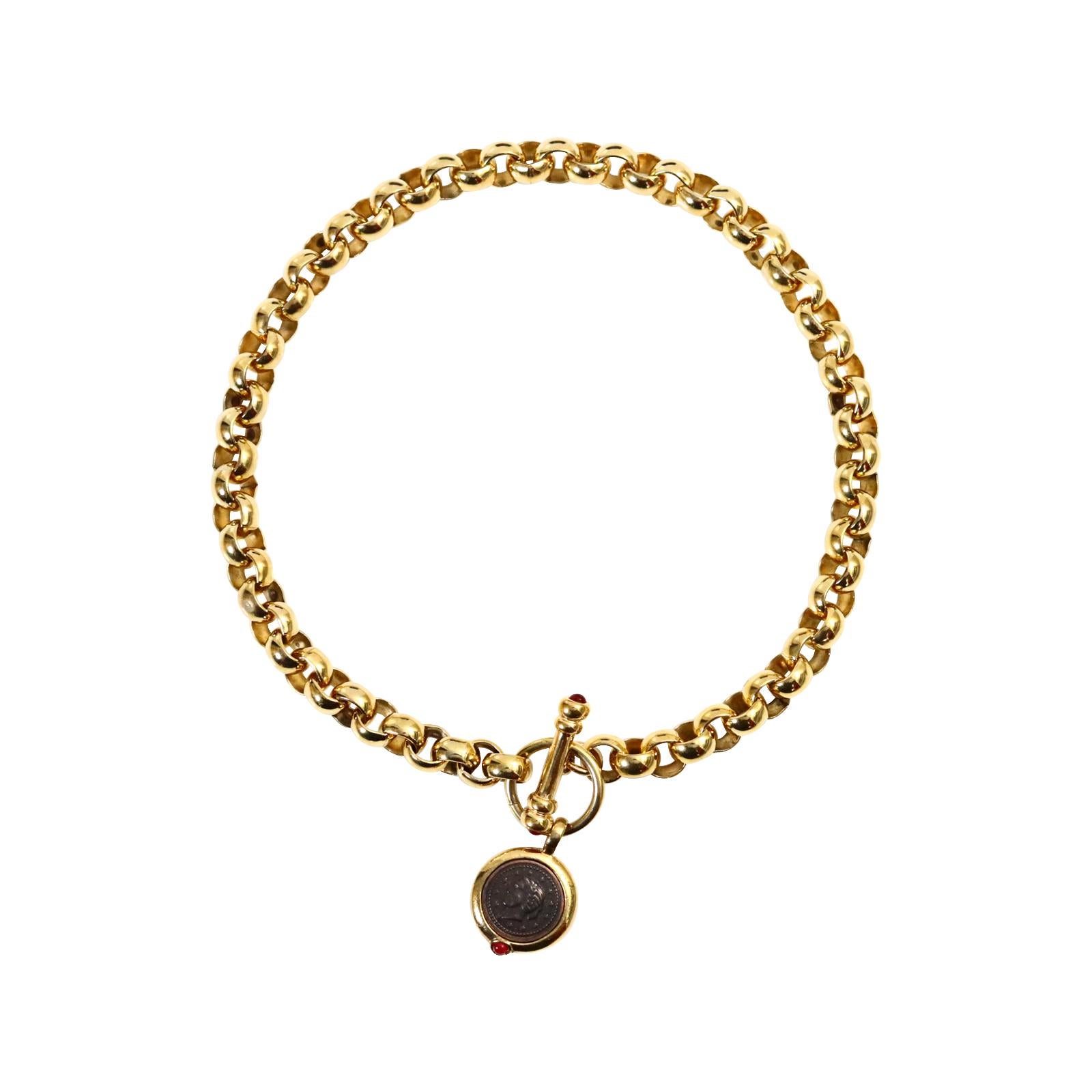 Vintage Gold Rollo Chain with Toggle and Dangling Coin Necklace Circa 1990s For Sale 1