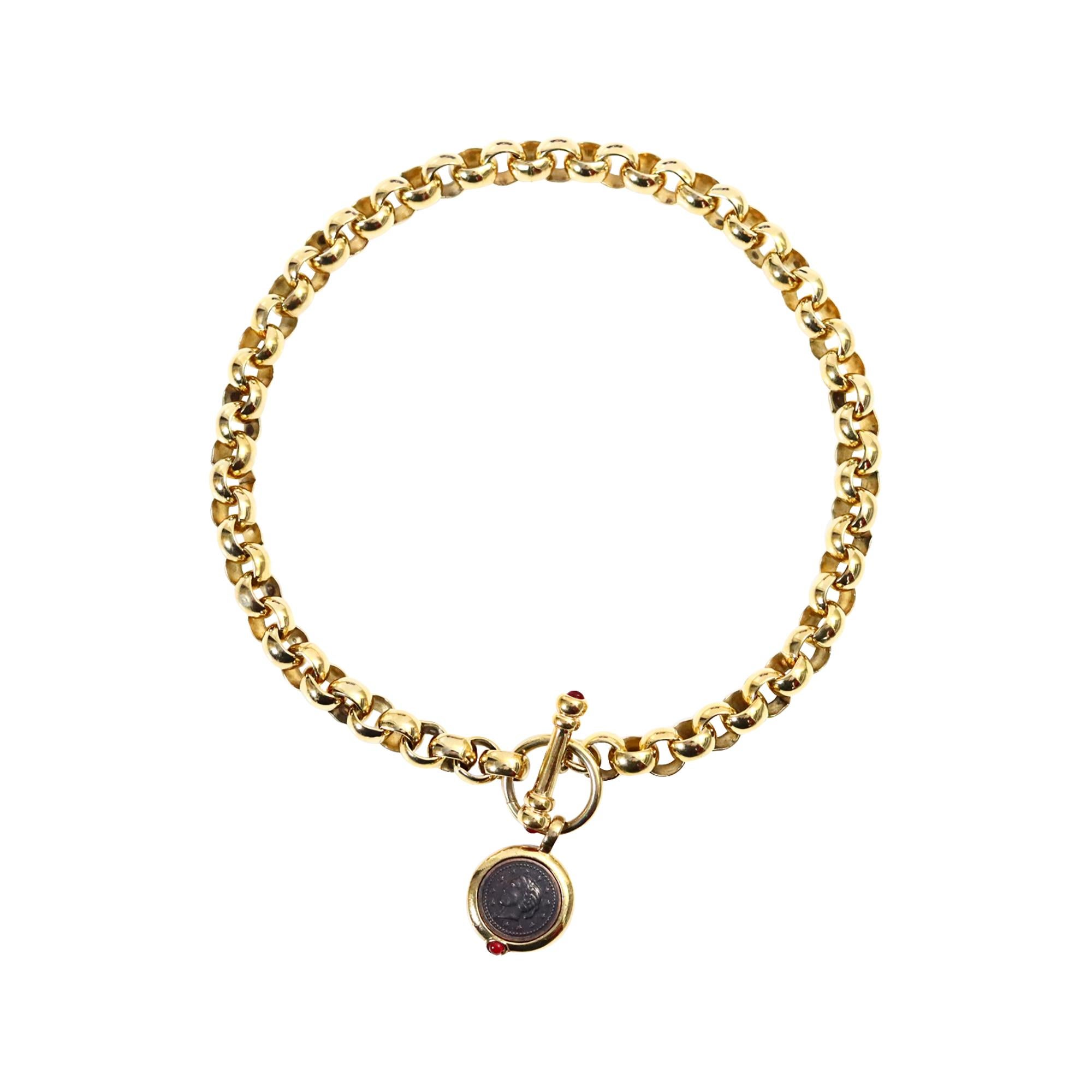 Collar vintage de cadena Rollo de oro con palanca y monedas colgantes Circa 1990s en venta 1