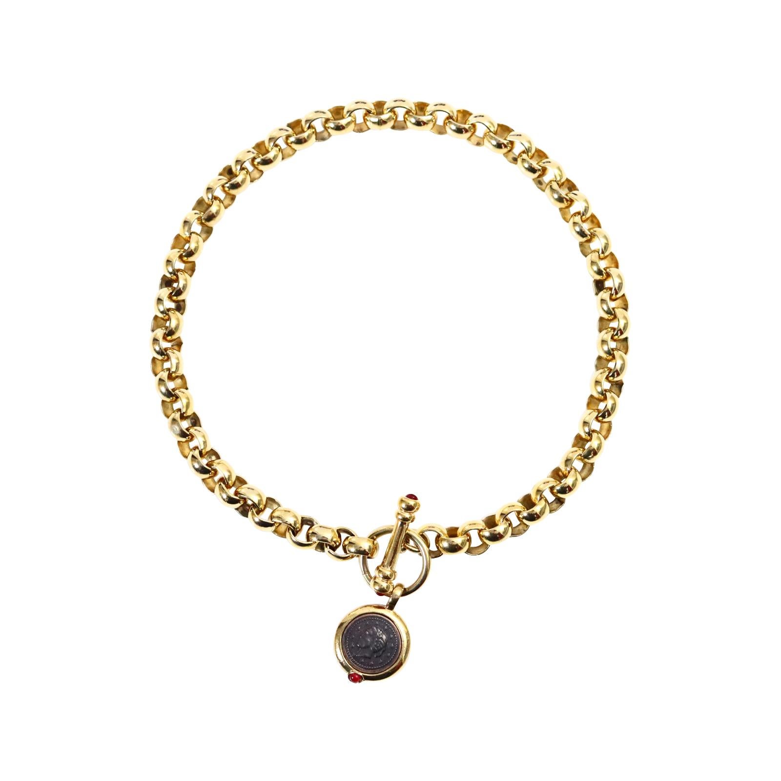 Vintage Gold Rollo Chain with Toggle and Dangling Coin Necklace, circa 1990s In Good Condition For Sale In New York, NY