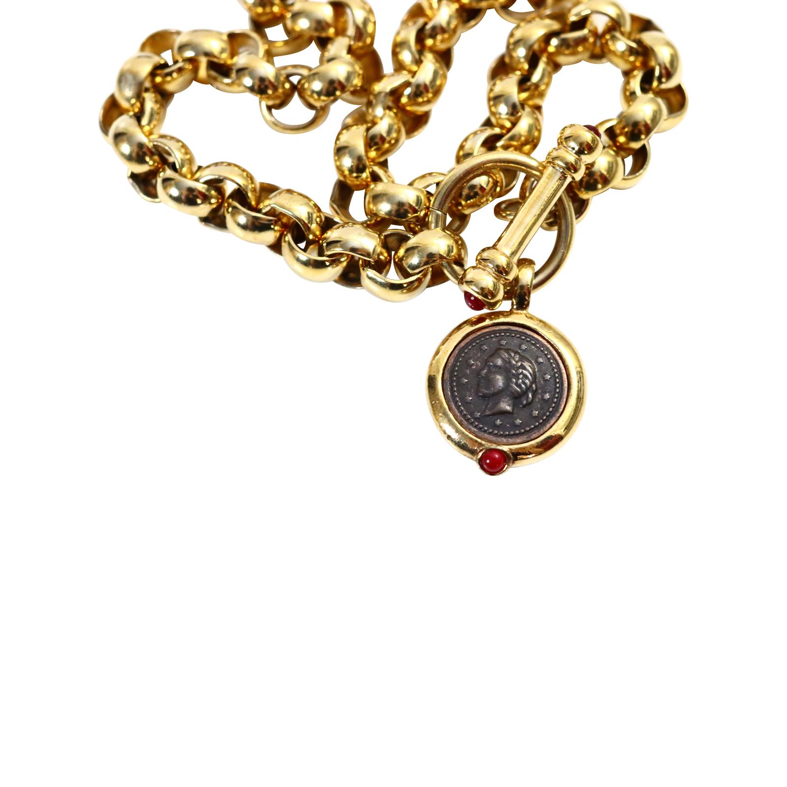 Women's or Men's Vintage Gold Rollo Chain with Toggle and Dangling Coin Necklace, circa 1990s For Sale