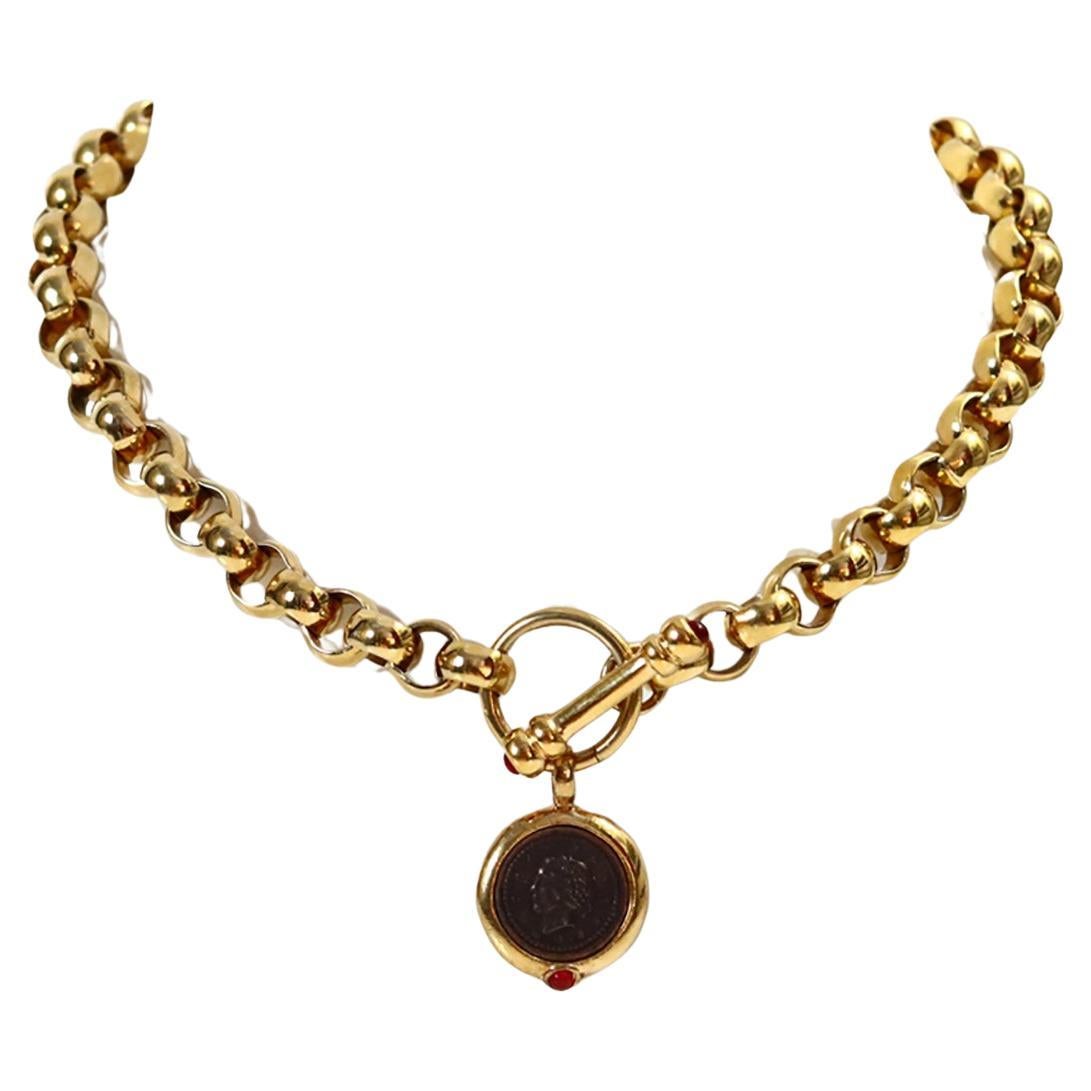 Vintage Gold Rollo Chain with Toggle and Dangling Coin Necklace Circa 1990s