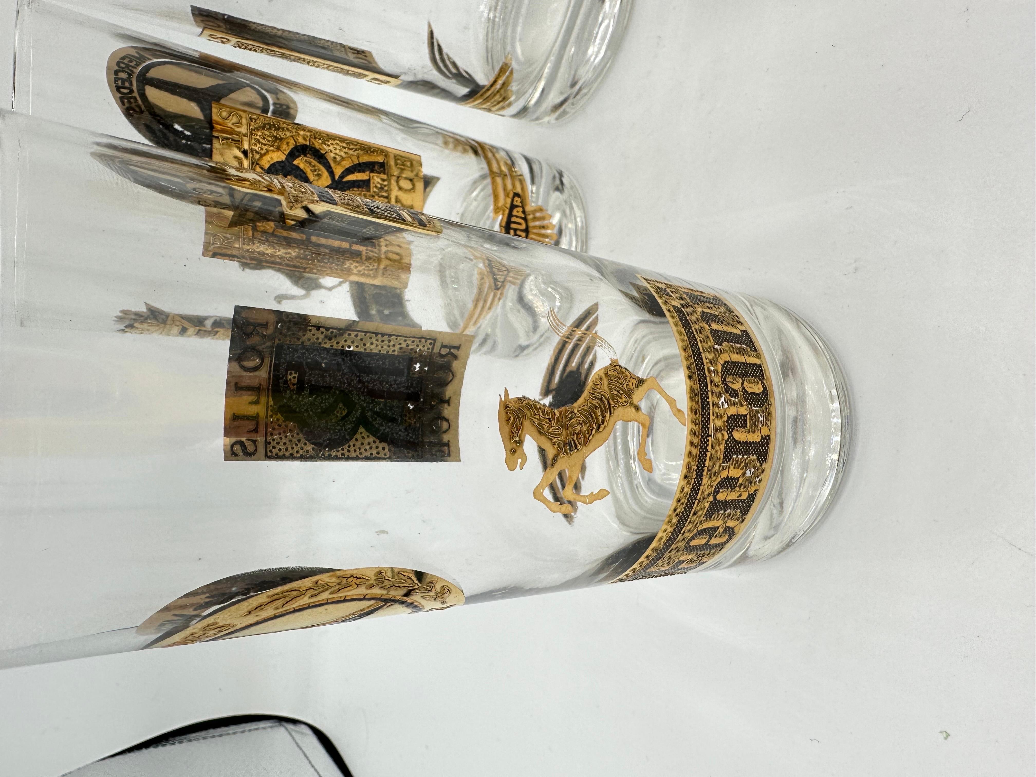 Mid-Century Modern Vintage Gold Rolls Royce Ferrari Drinking Glasses Set of 4