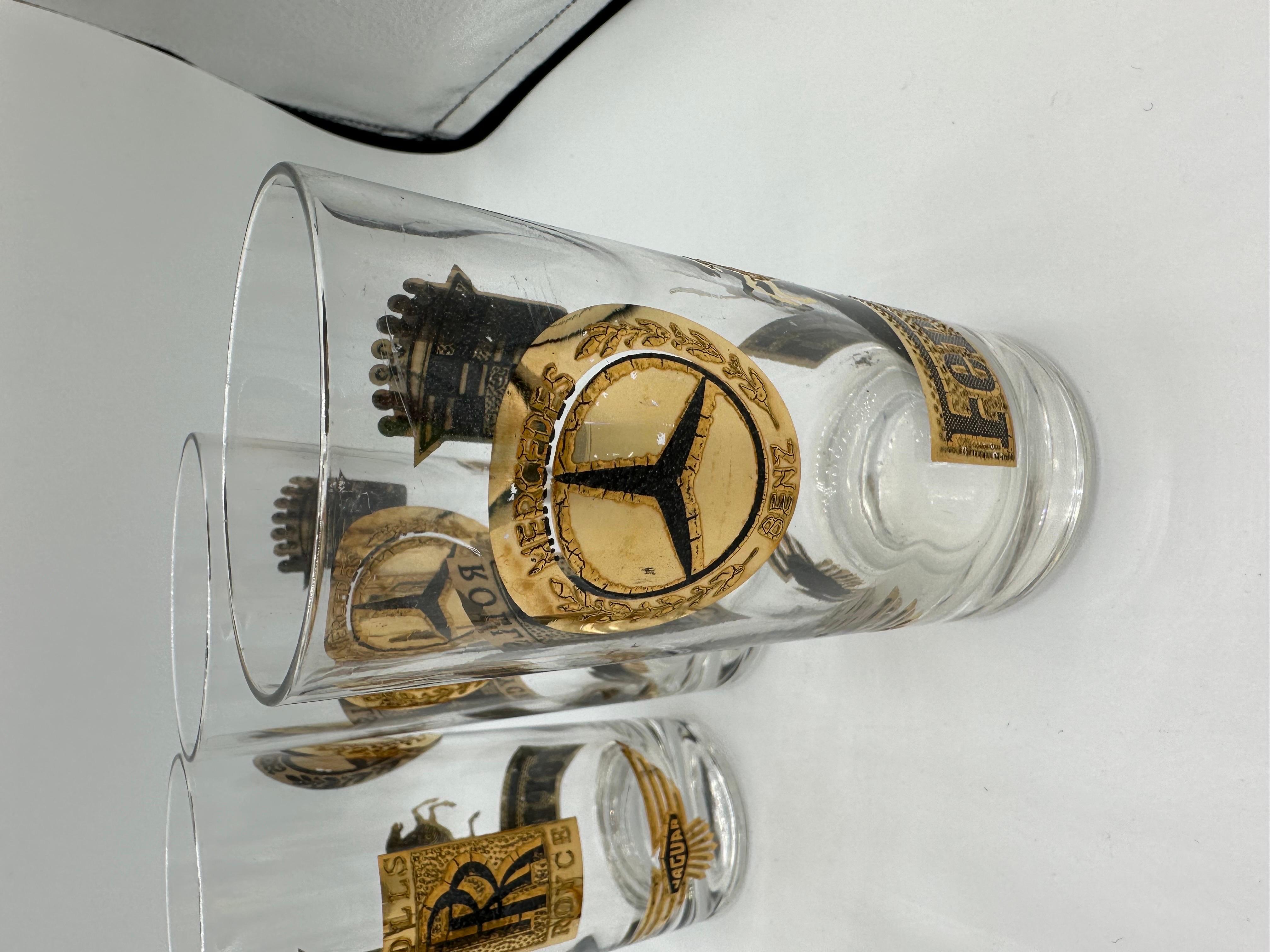 American Vintage Gold Rolls Royce Ferrari Drinking Glasses Set of 4