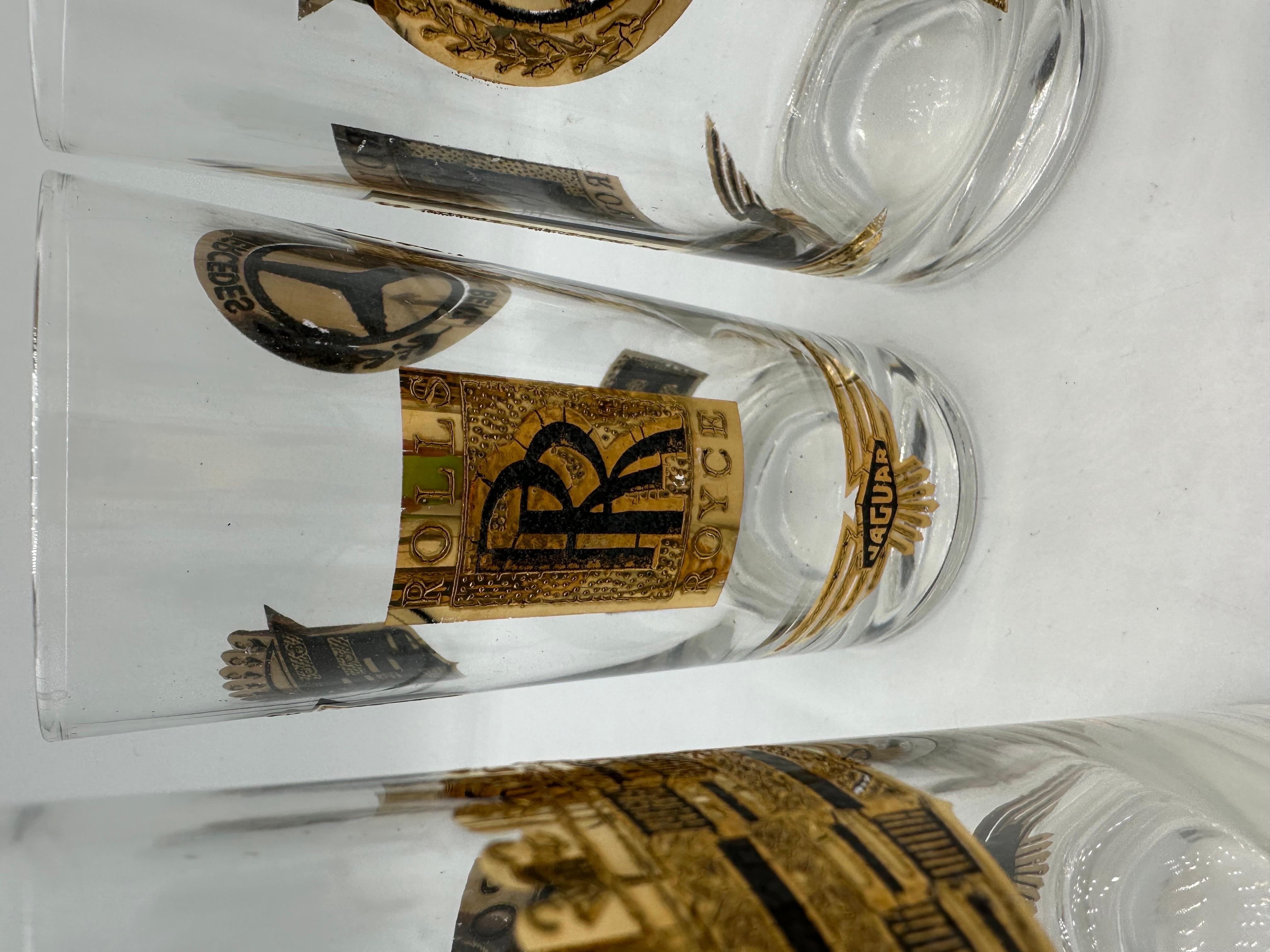 Vintage Gold Rolls Royce Ferrari Drinking Glasses Set of 4 In Good Condition In Lake Worth, FL
