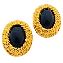 Used gold rope chain black glass designer runway clip on earrings