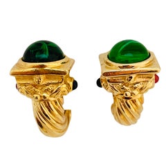 Vintage gold rope emerald gripoix cabochon designer runway clip on earrings
