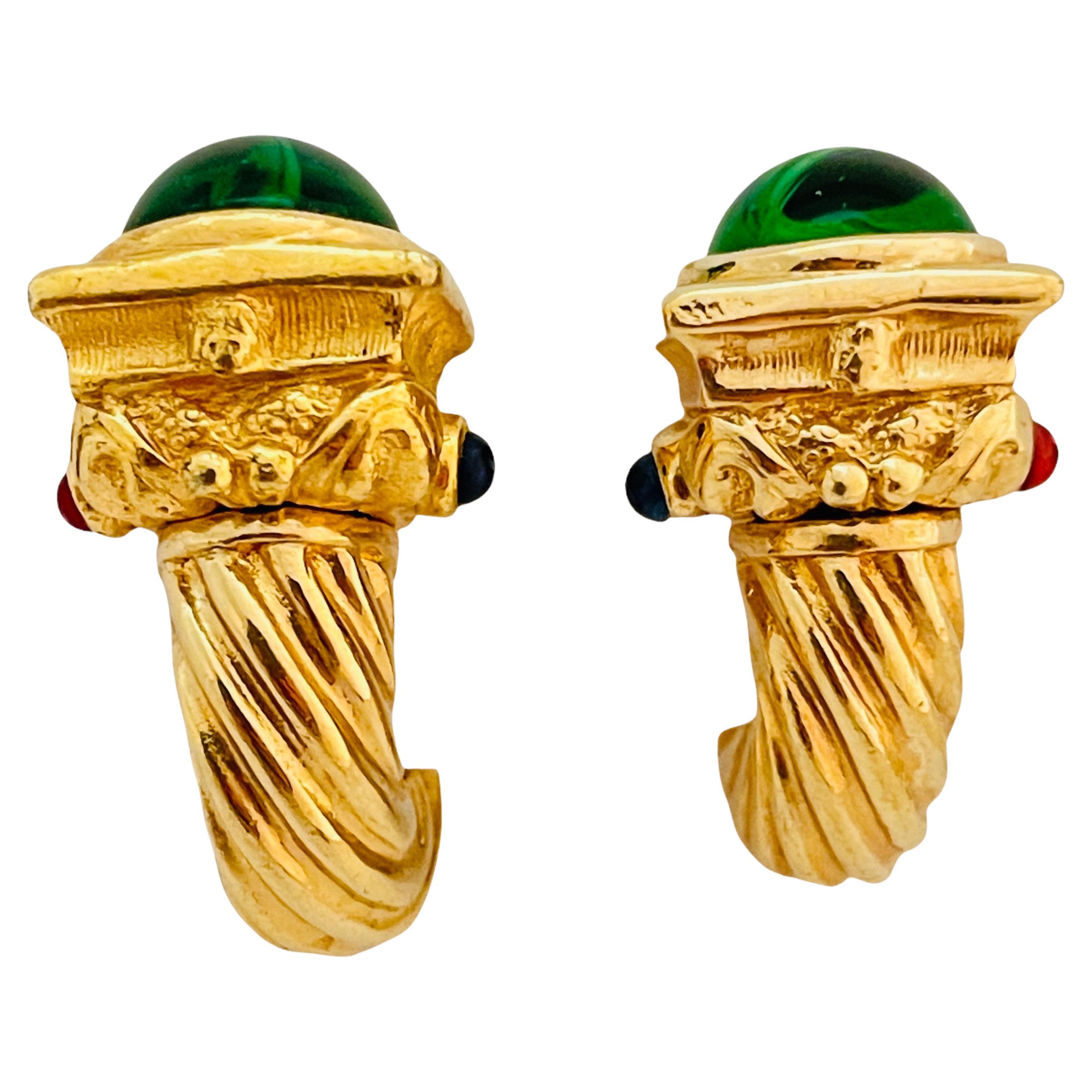 Vintage gold rope emerald gripoix cabochon designer runway clip on earrings For Sale