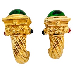 Vintage gold rope emerald gripoix cabochon designer runway clip on earrings