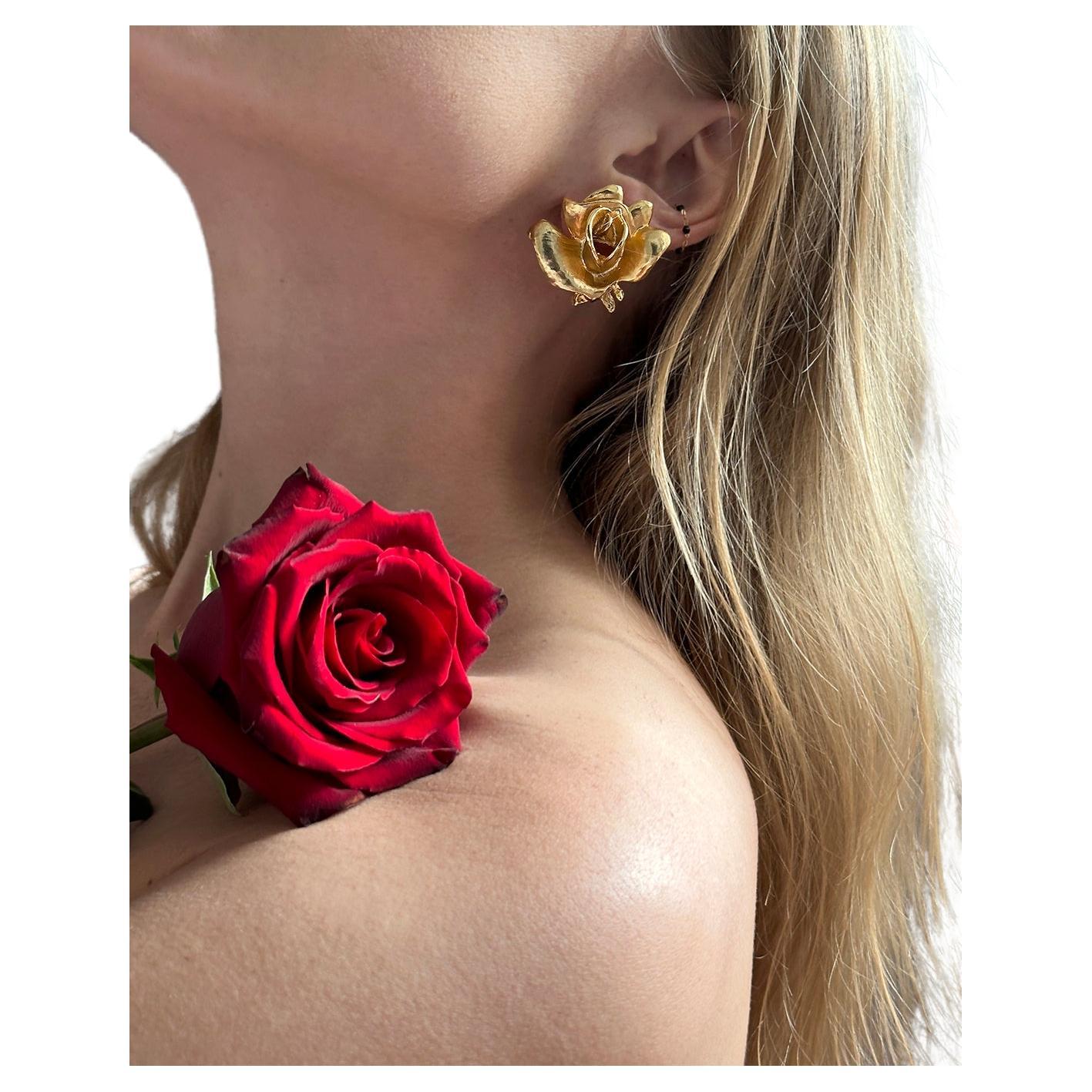Vintage Gold Rose Earrings For Sale