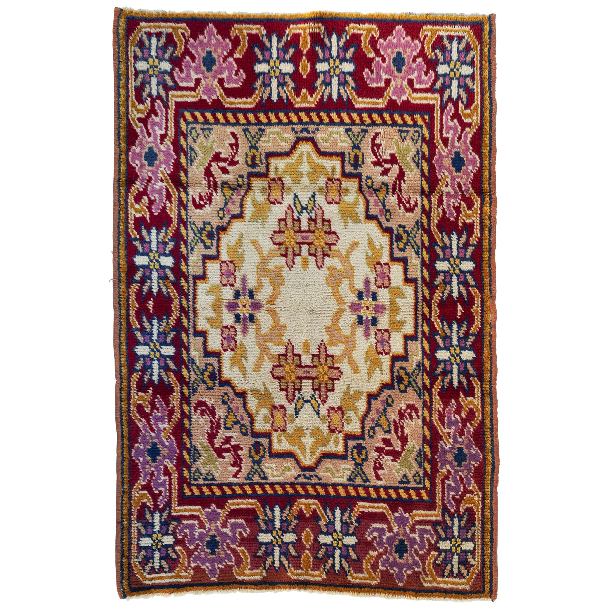 Vintage Gold Rose Ivory Floral Spanish Savonnerie Small Rug, circa 1940s